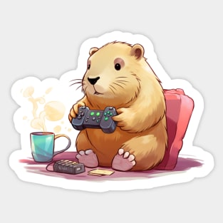 Kawaii Capybara play game in a room Sticker